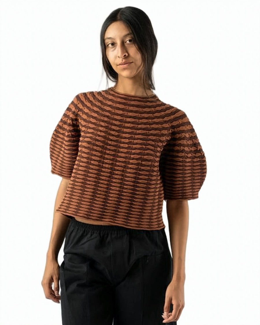 Pleats Please Boxy Fit Textured Sweater With Puffed Sleeves