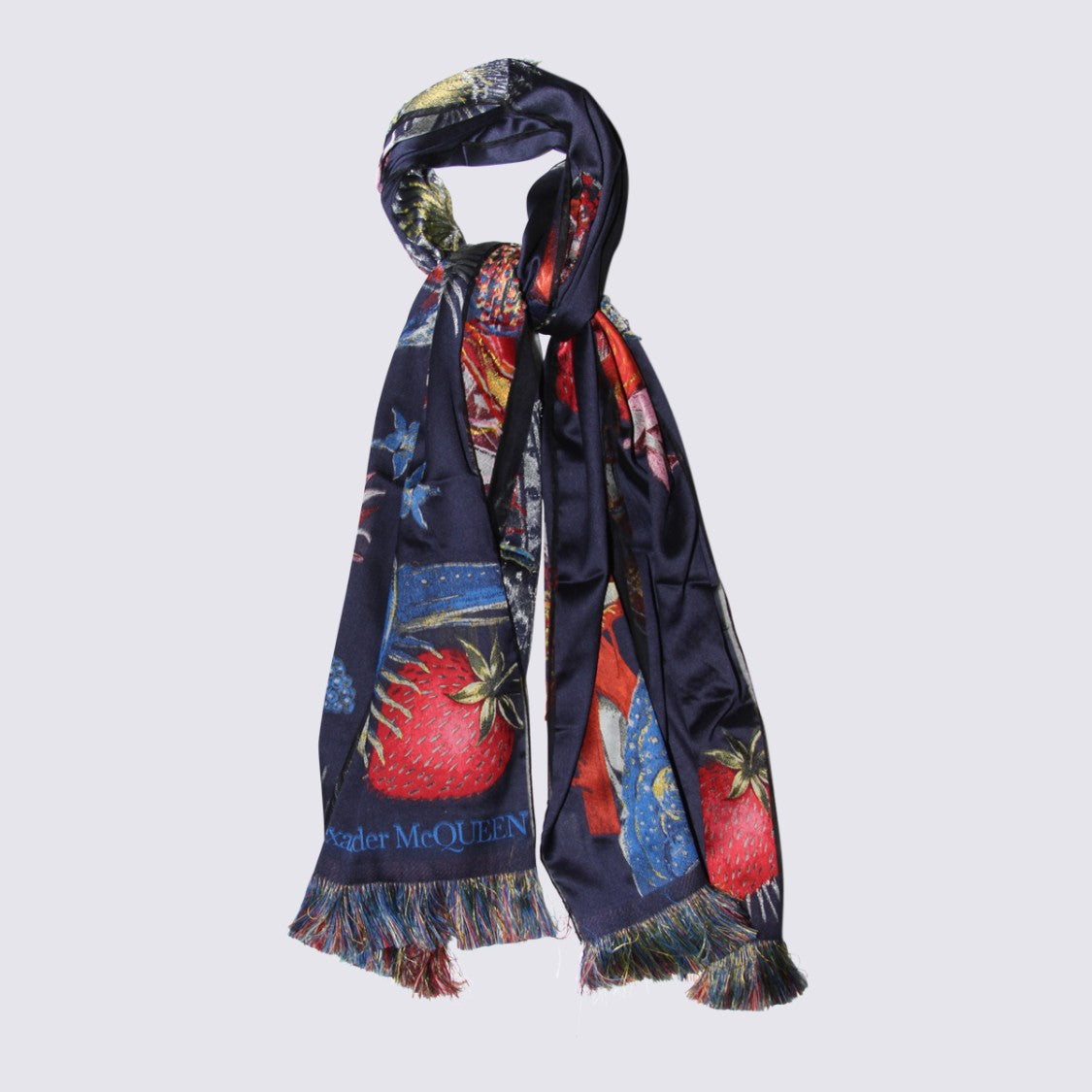 Alexander Mcqueen Navy Blue Printed Scarf With Multicolored Fringes