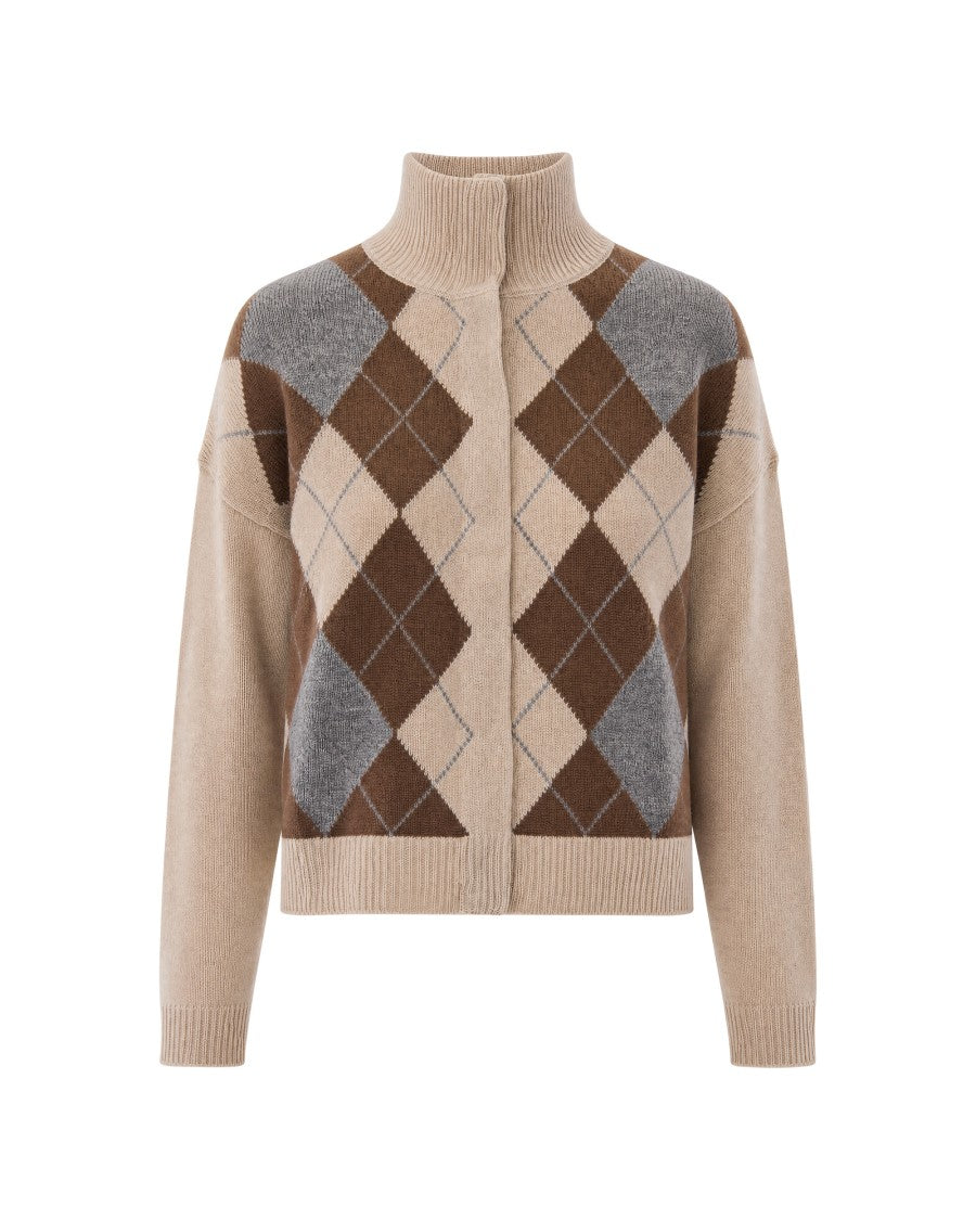 Max Mara Neutral Argyle Pattern Wool-Cashmere Crewneck Sweater