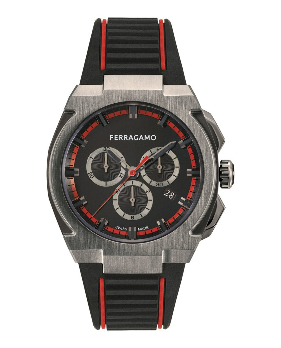 Ferragamo Swiss Made Chronograph Watch With Gunmetal Case And Black Dial