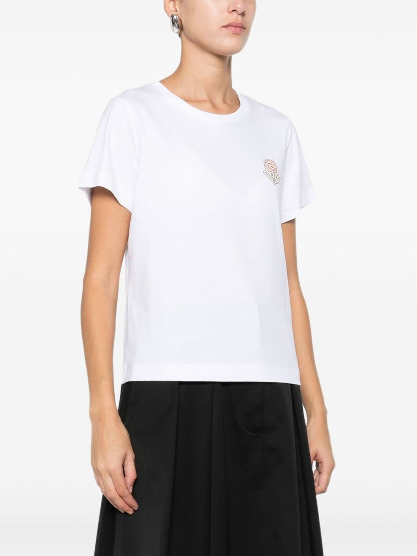 Moncler White Cotton T-Shirt With Embroidered Floral Logo