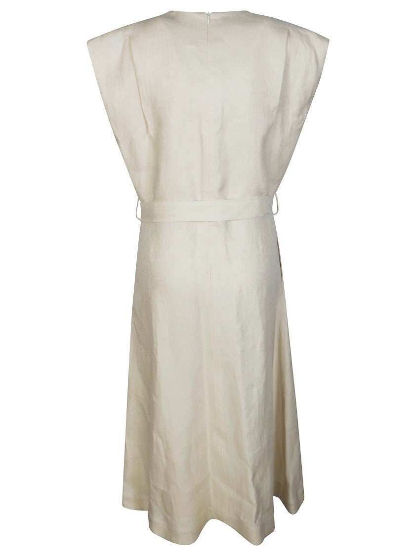 Incotex Linen Belted Wide Shoulder Dress