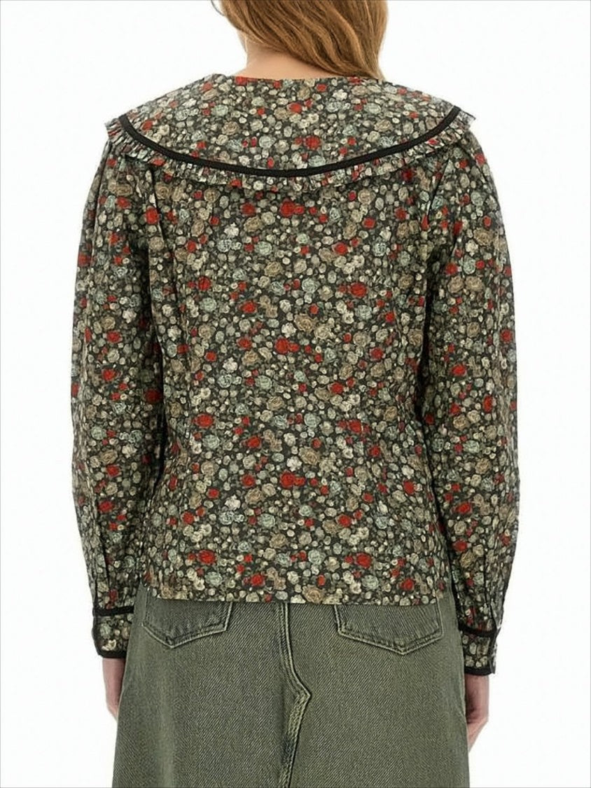 Ganni Floral Print Blouse With Oversized Collar And Puffed Sleeves