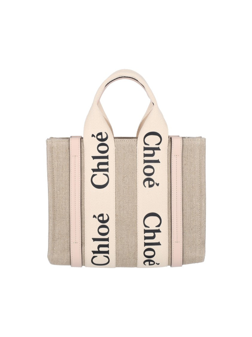 Chloé Beige Woody Lino Logo Tote Bag