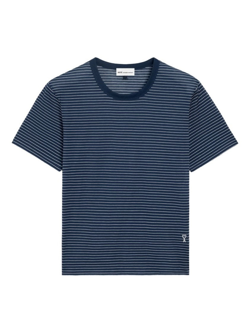 Ami Paris Ink Blue White Striped Embroidery T-Shirt