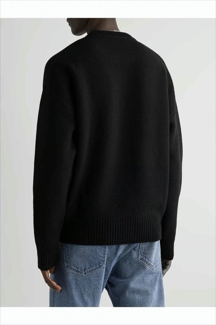 Ami Black Wool Sweater With Red Heart Design