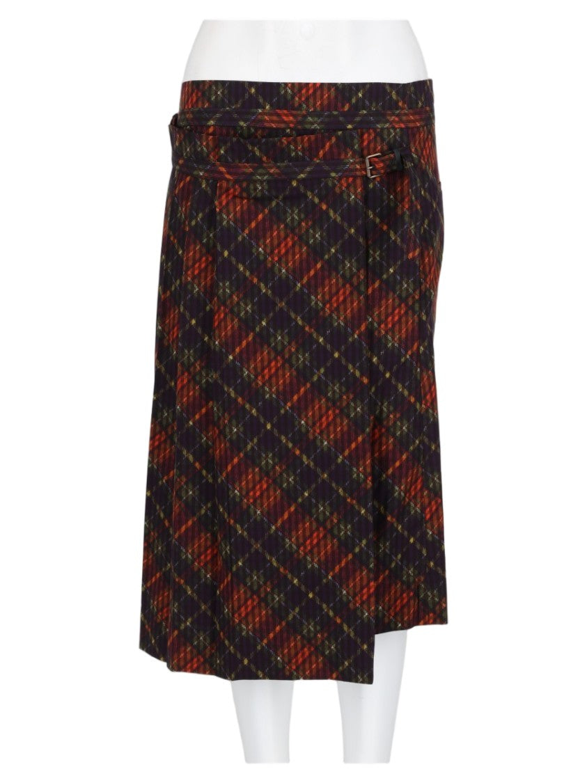 Dries Van Noten Multicolor Asymmetric Pleated Plaid Midi Skirt