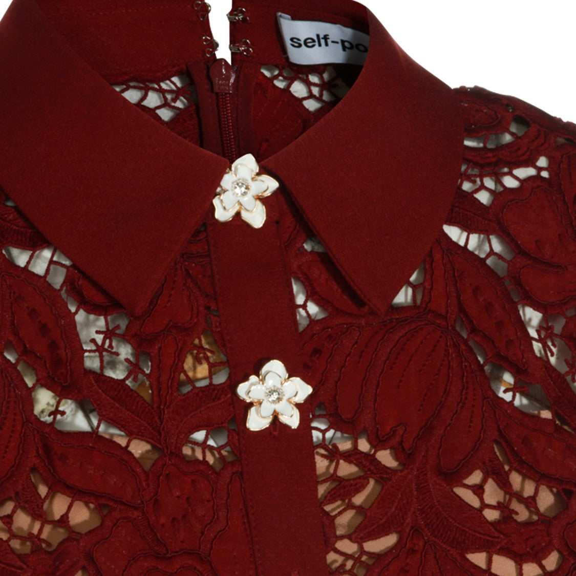 Self-Portrait Mini Lace Dress With Crystal Button Detail And Structured Collar
