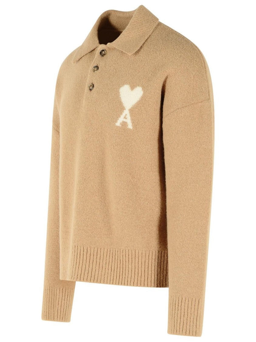 Ami Paris Boxy-Cut Polo Shirt In Beige Alpaca Knit