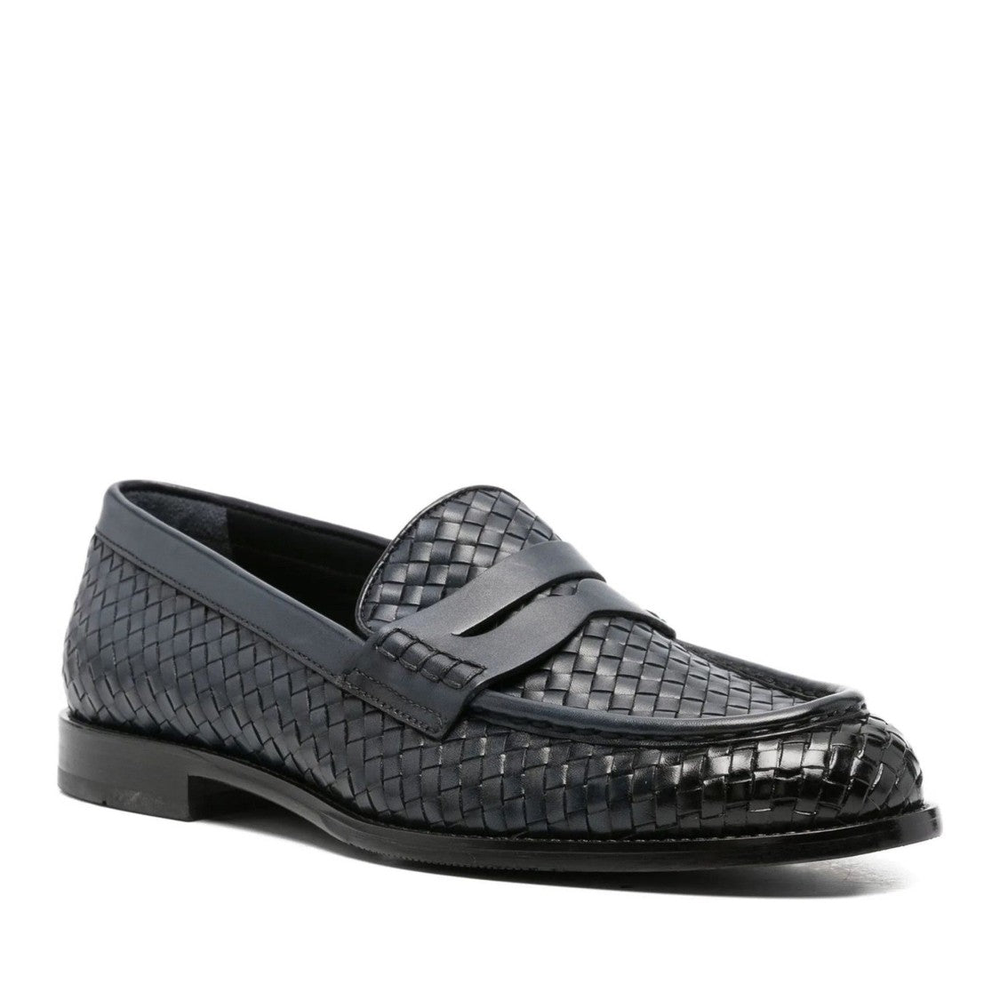 John Harrison Blue Woven Leather Penny Strap Loafers
