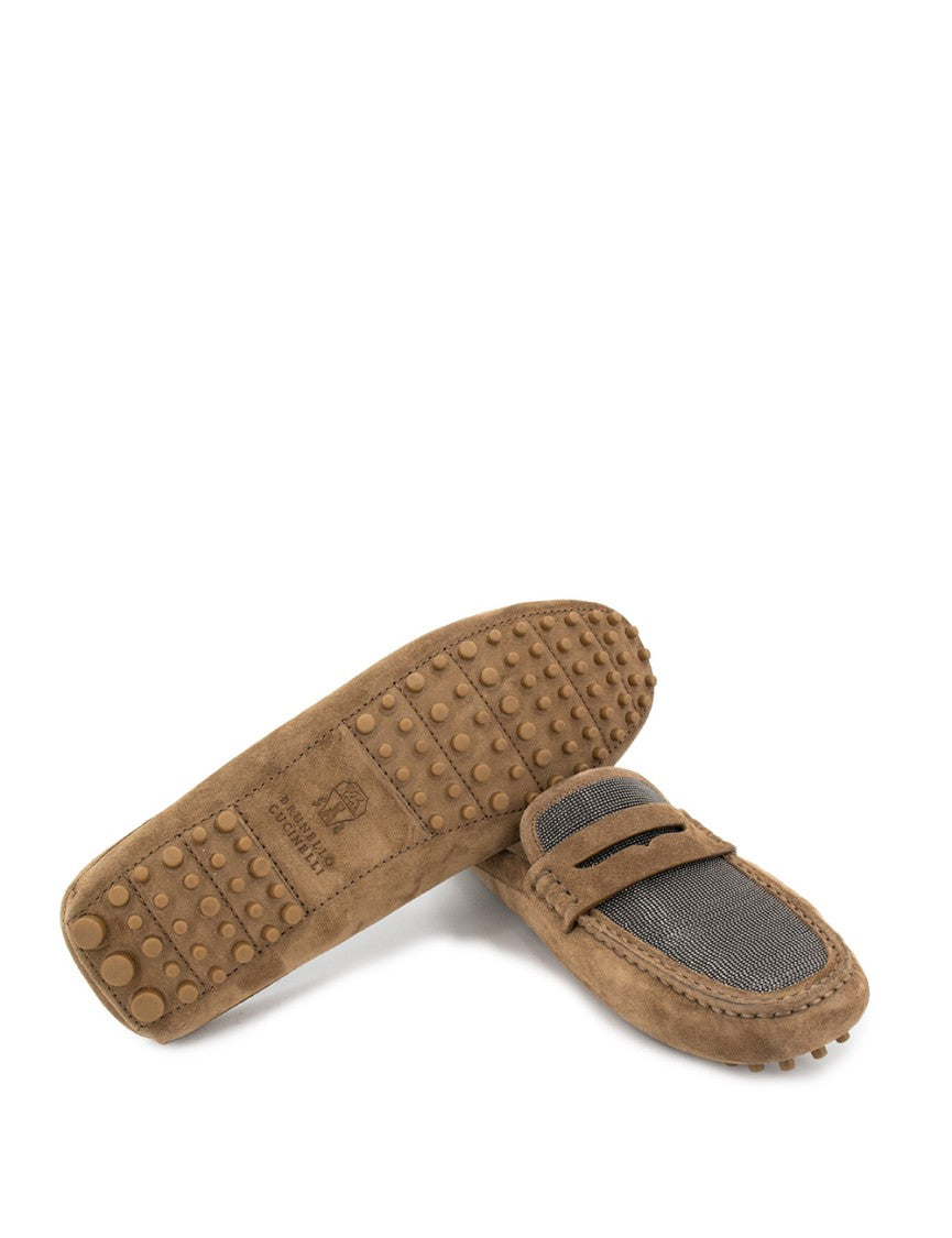 Brunello Cucinelli Suede Tapered Moccasins With Rubber Stud Sole