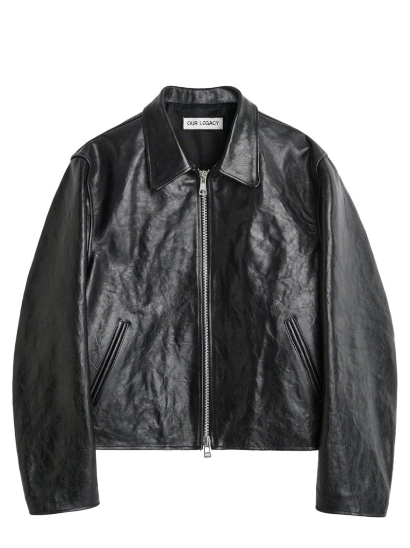 Our Legacy Cropped Leather Jacket With Classic Collar And Minimalist Design