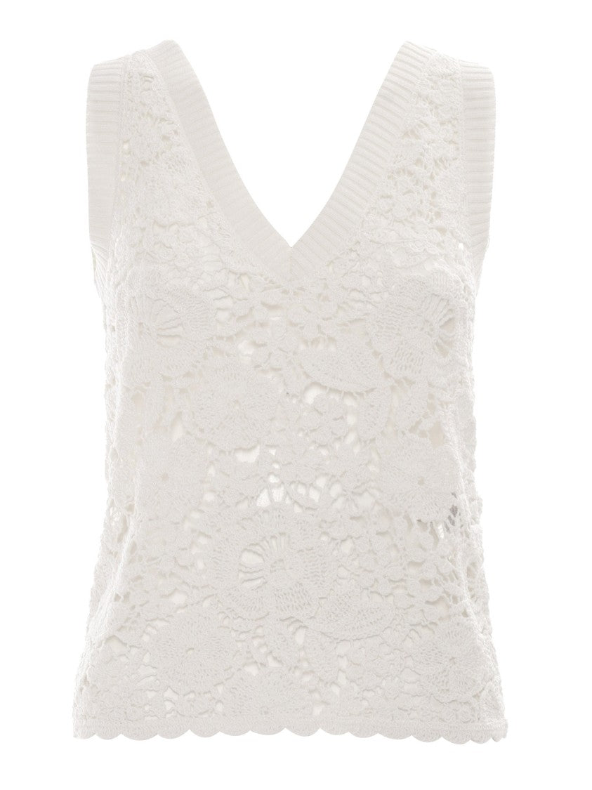 P.A.R.O.S.H. Sleeveless Floral Lace Top With Deep V-Neckline