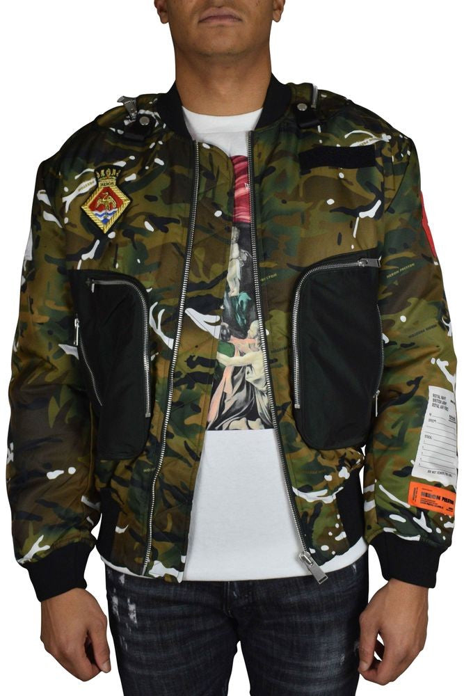 Heron Preston Khaki Camouflage Bomber Jacket With Orange Lining