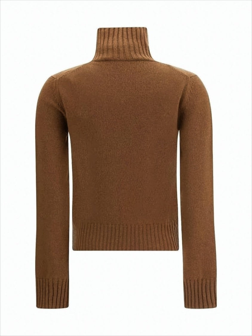 Ami Paris Ribbed High-Neck Cropped Sweater In Rich Brown