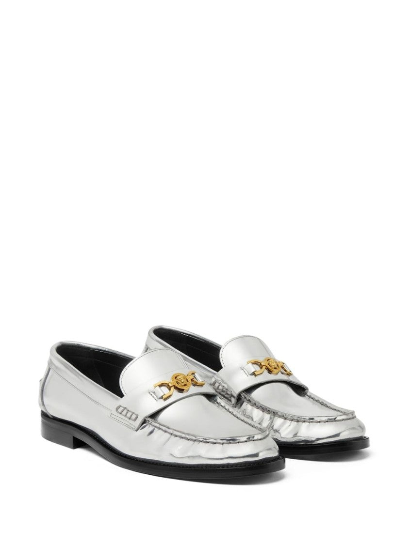 Versace Silver-Tone Lambskin Flats With Medusa Plaque