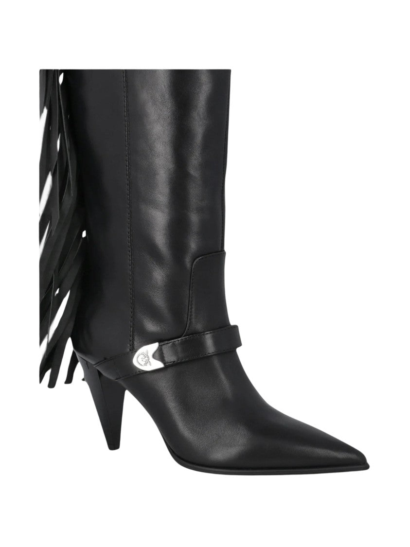 Pinko Knee-High Fringe Boots With Pointed Toe And Angled Heel