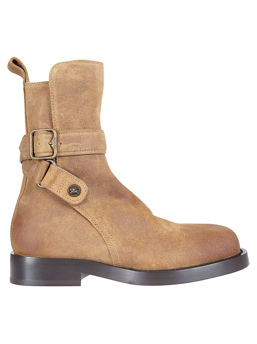 Burberry Round Toe Ankle Boots With Adjustable Straps And Metal Buckles
