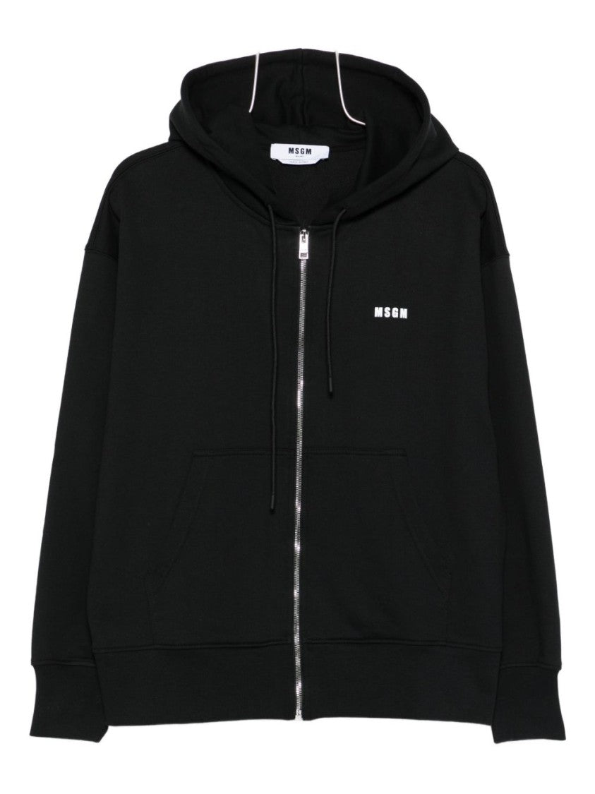 Msgm Black Zip-Up Hoodie With Drawstring Hood
