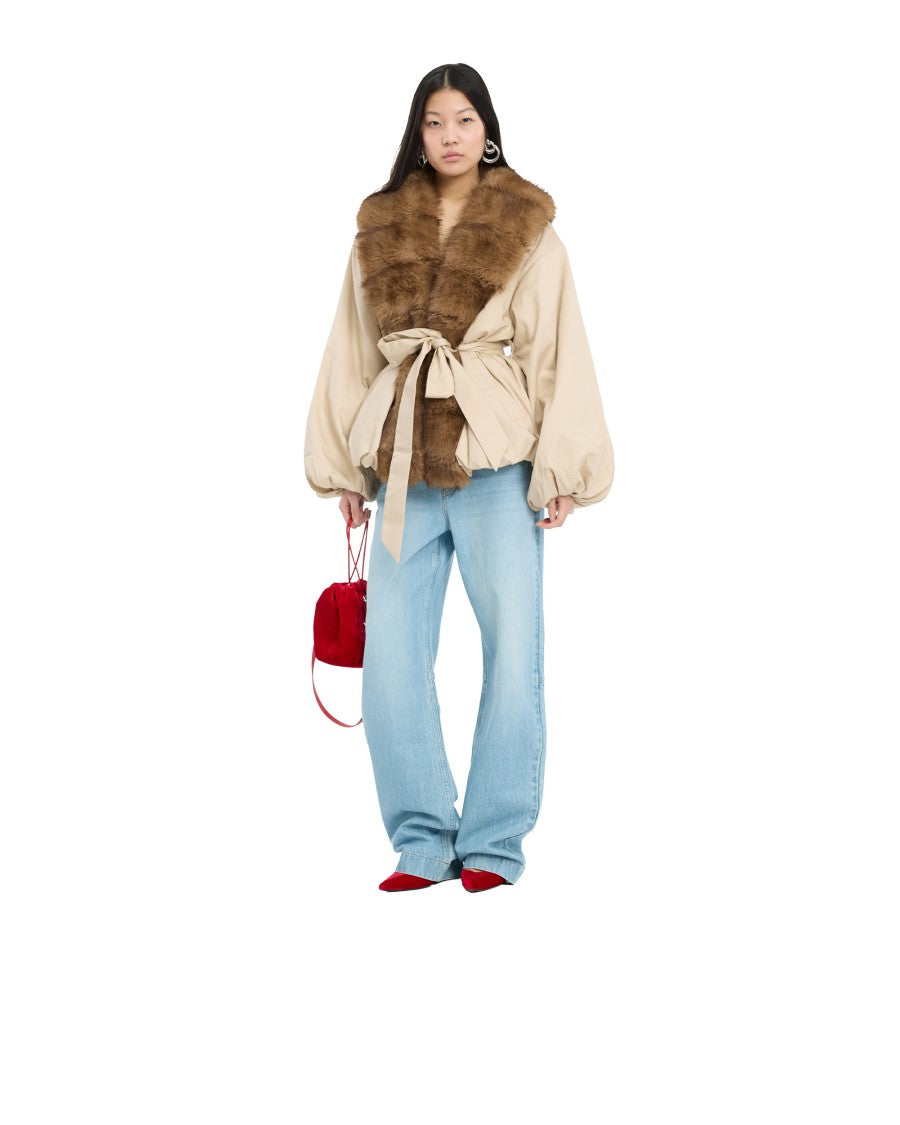 Rotate Synthetic Fur Collar Jacket With Contrasting Fabric Panels