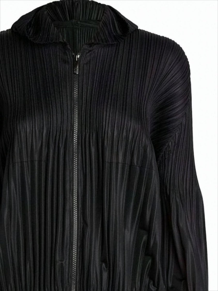 Pleats Please Pleated Texture Black Hooded Zip-Up Top