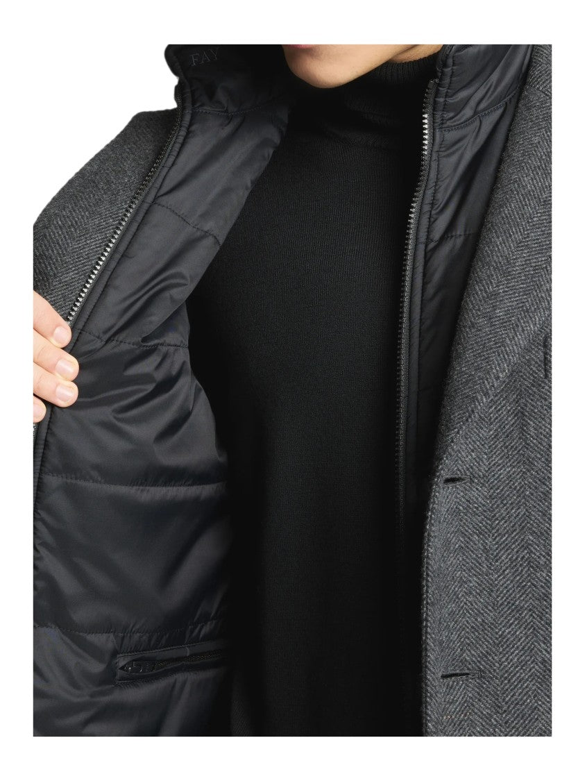 Fay Tailored Three-Button Coat With Herringbone Pattern And Padded Insert