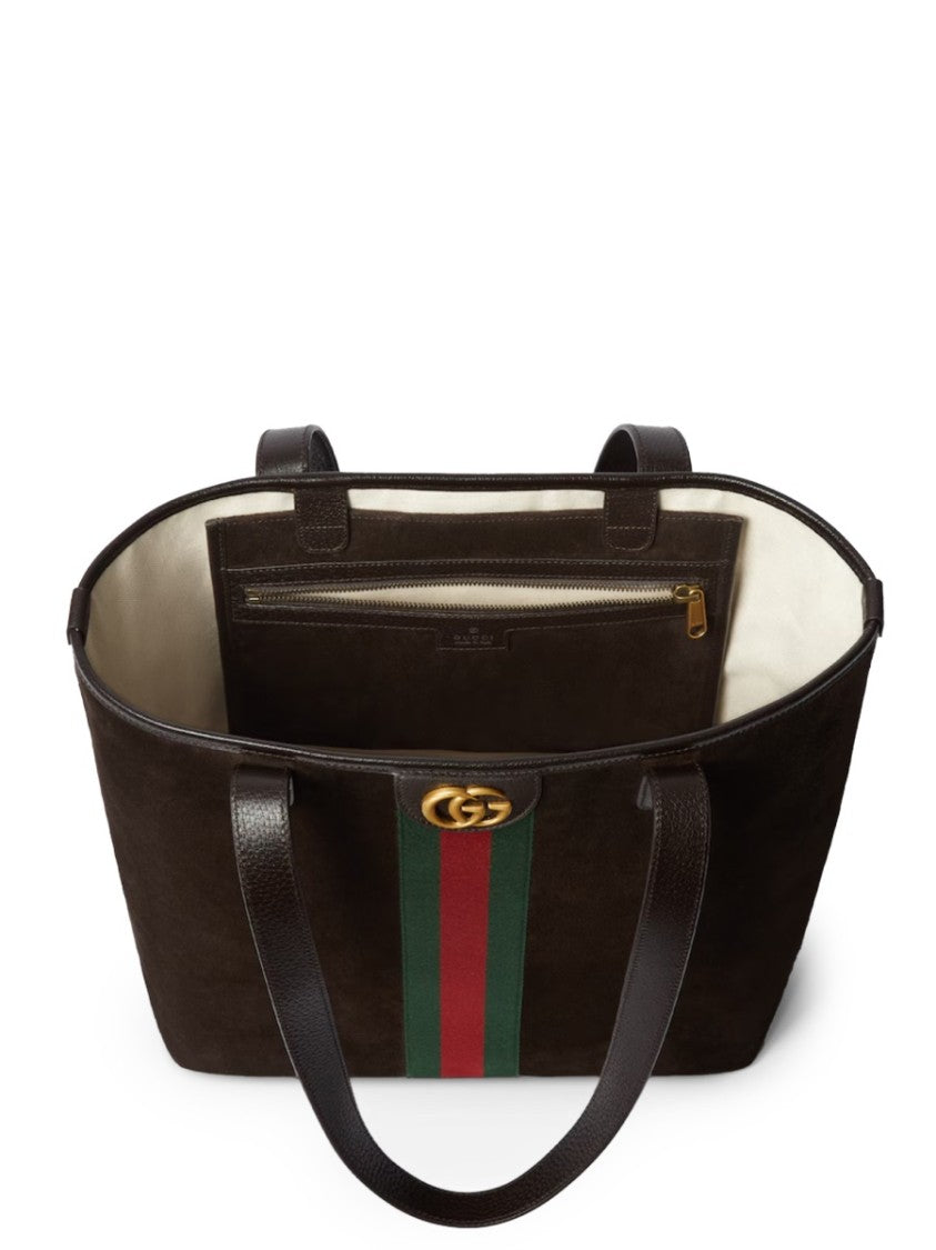 Gucci Structured Calfskin Shopping Bag With Signature Web Stripe