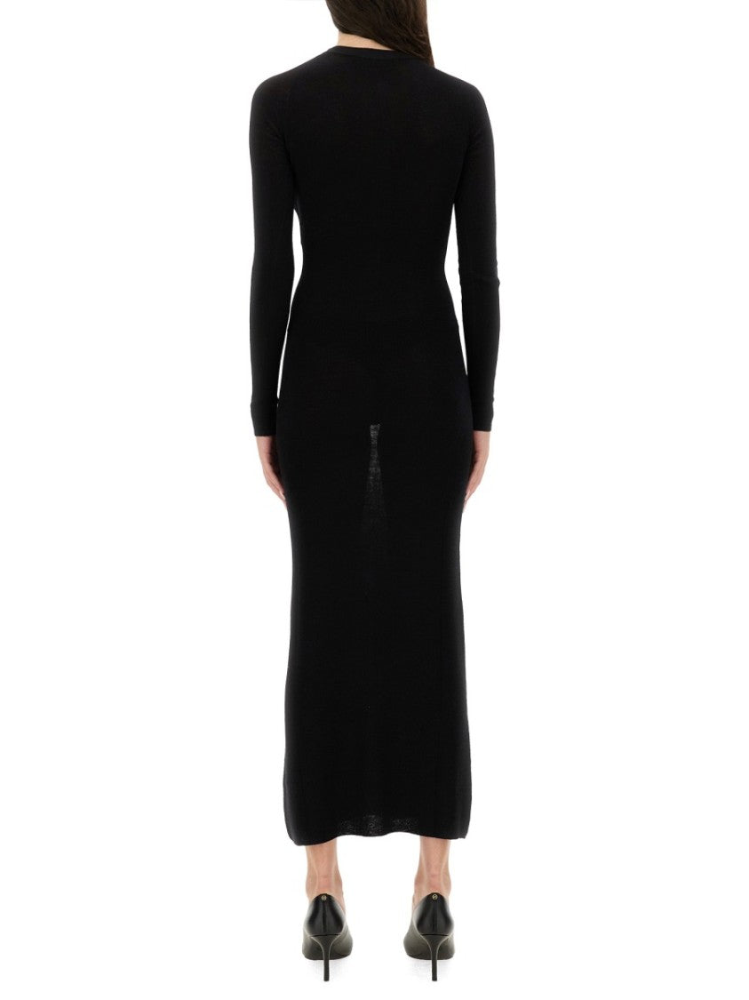 Versace Long Fitted Wool Dress With Gold-Tone Button