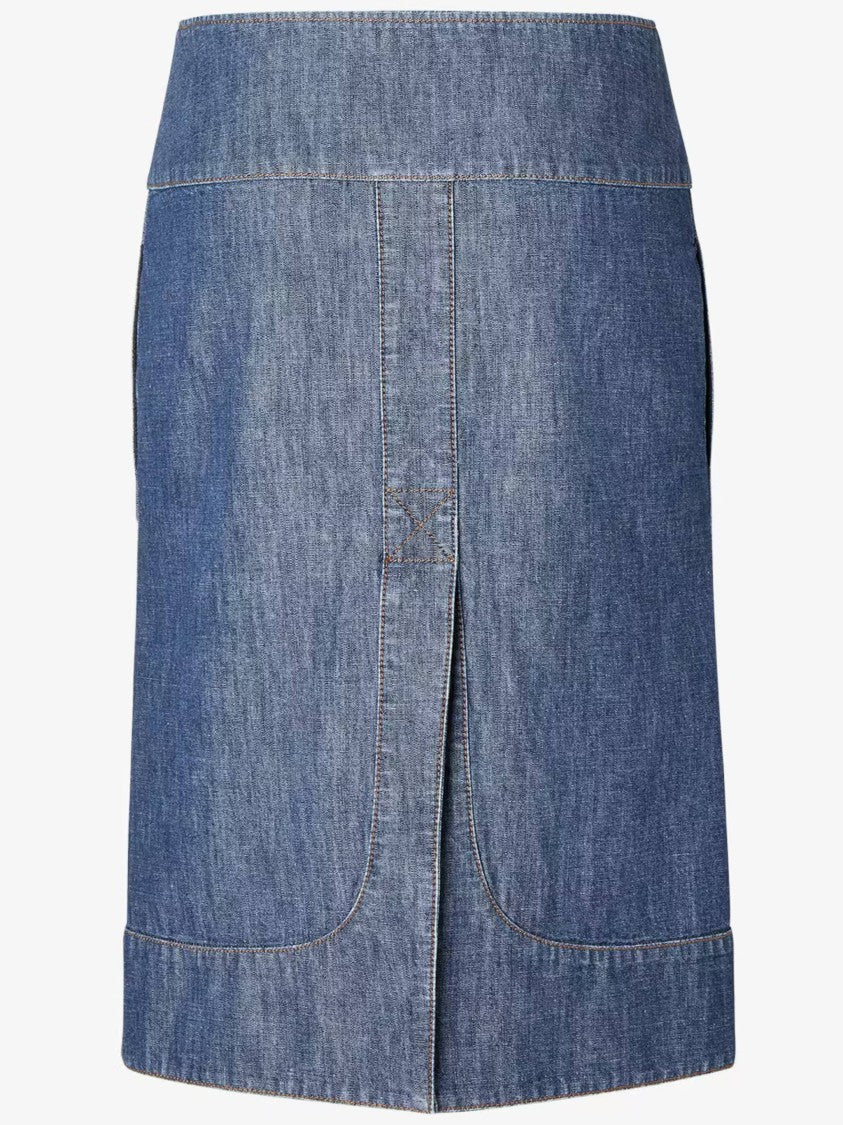 Fendi Straight-Cut Chambray Skirt With Front Zipper And Leather Accents