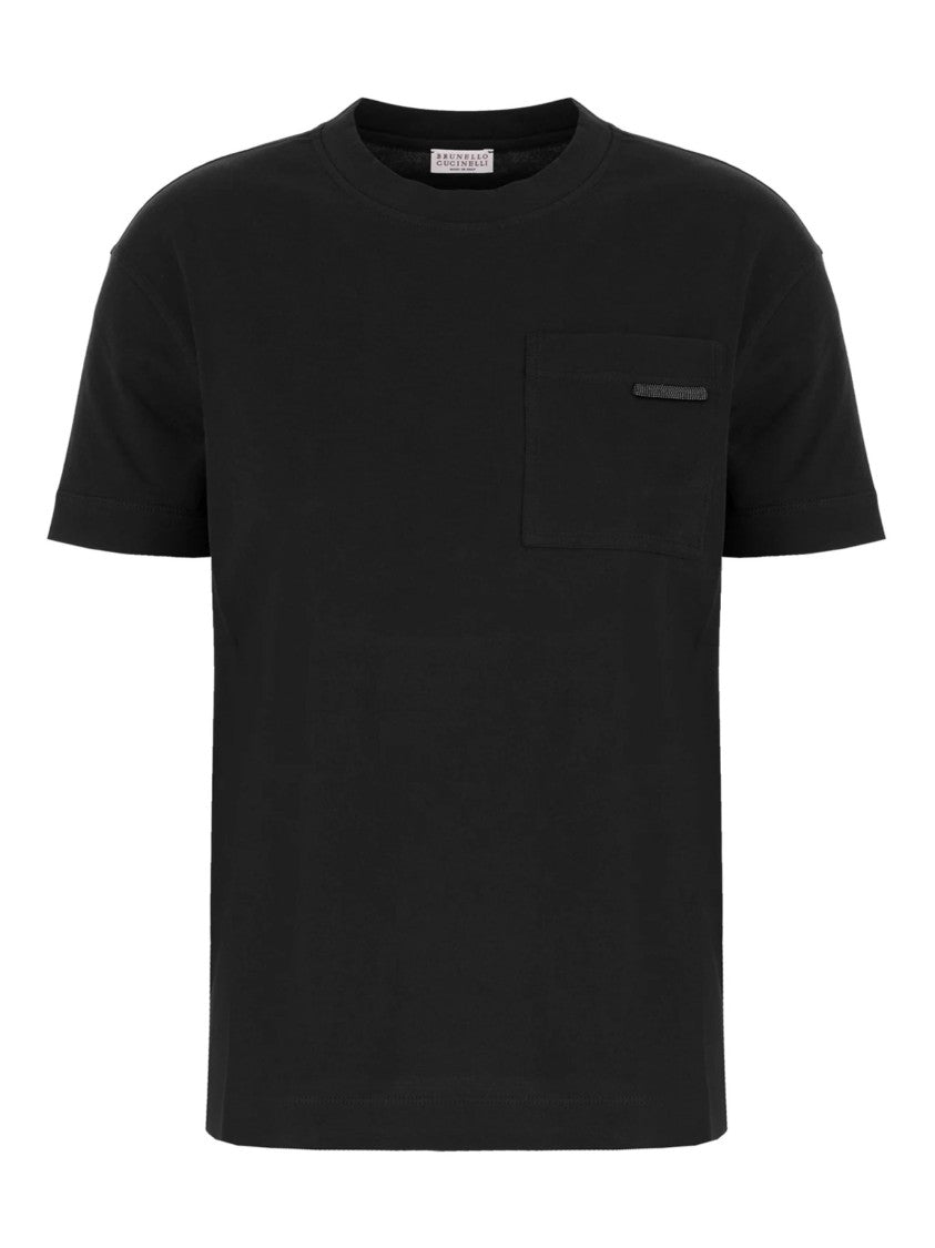 Brunello Cucinelli Black Decorated Pocket Cotton T-Shirt