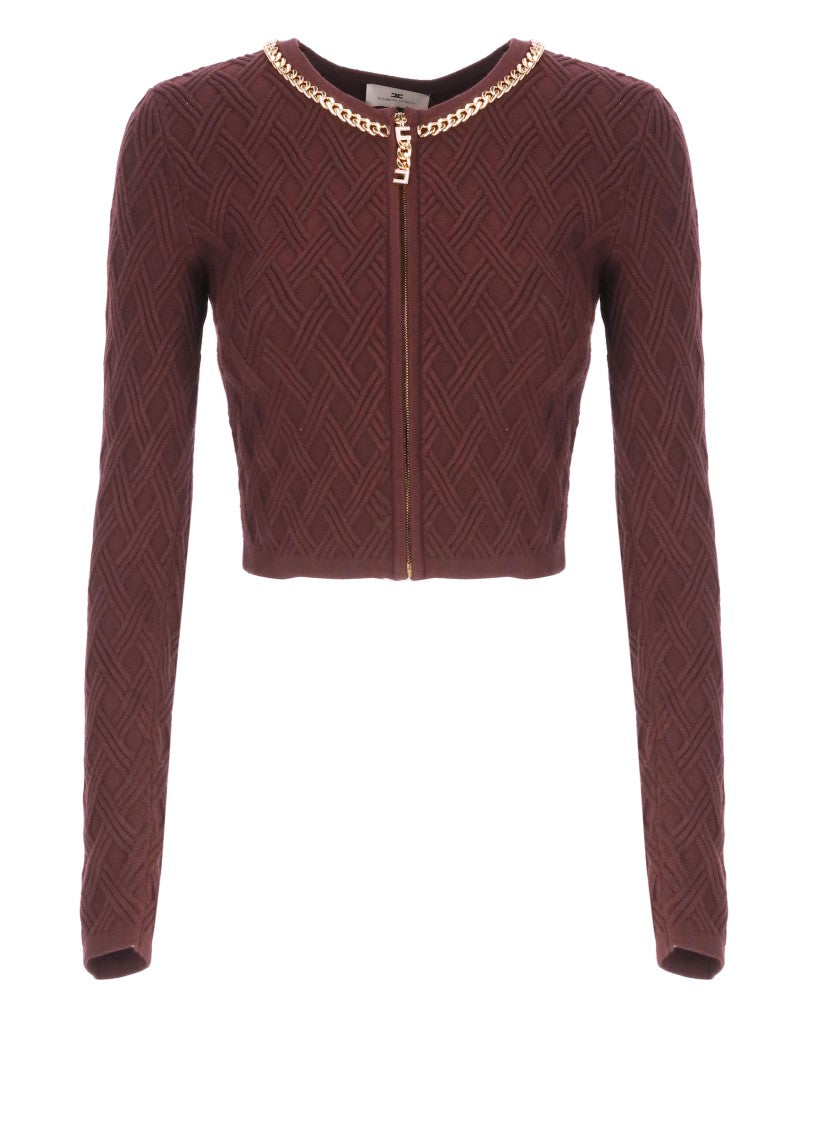 Elisabetta Franchi Bordeaux Textured Geometric Pattern Cardigan