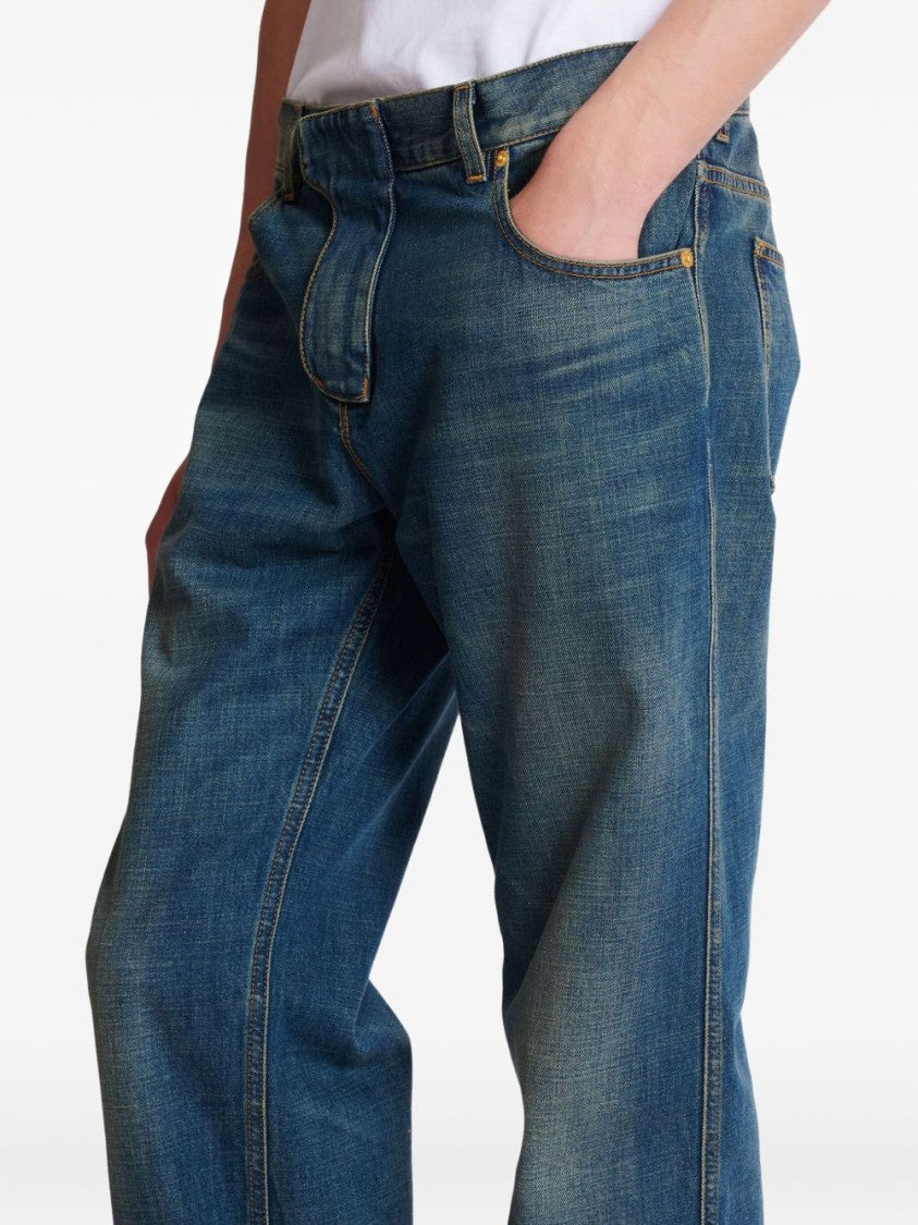 Balmain Washed Dark Blue Gold-Hardware Straight-Leg Jeans