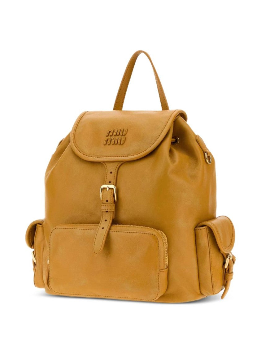 Miu Miu Brown Structured Lamb Leather Buckle Backpack