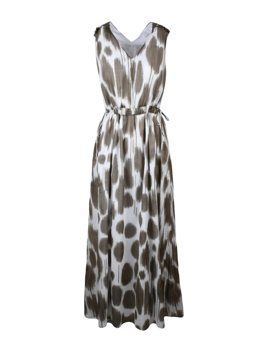 Peserico White/Dove Abstract Pattern Drawstring Cotton Maxi Dress