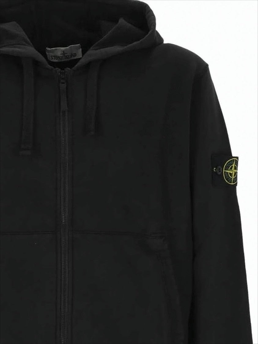 Stone Island Zip-Up Black Hoodie Jacket With Drawstring Hood