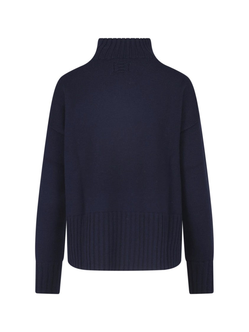 Drumohr Ribbed High Turtleneck Dark Blue Merino Wool Sweater