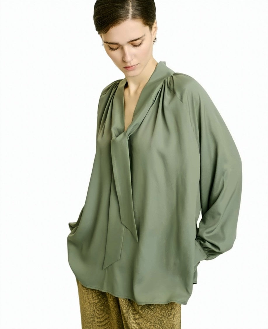 Momonì Oversized Viscose Georgette Gathered V-Neck Blouse