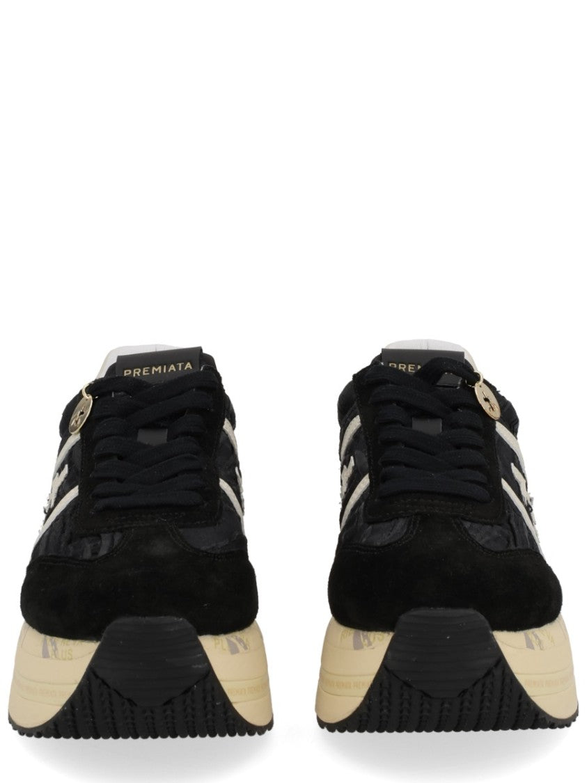 Premiata Chunky Black Leather Sneakers With Cream Sole And Gold Charm