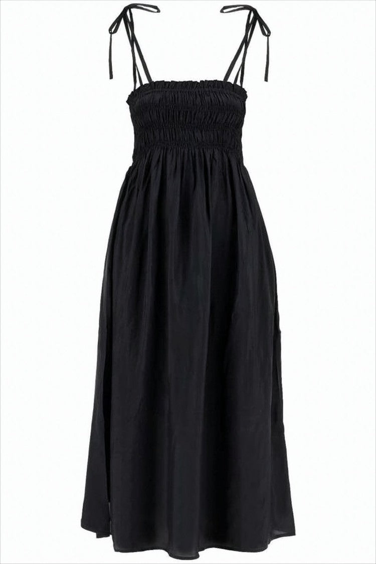 Ganni Smocked Midi Dress With Adjustable Tie Straps