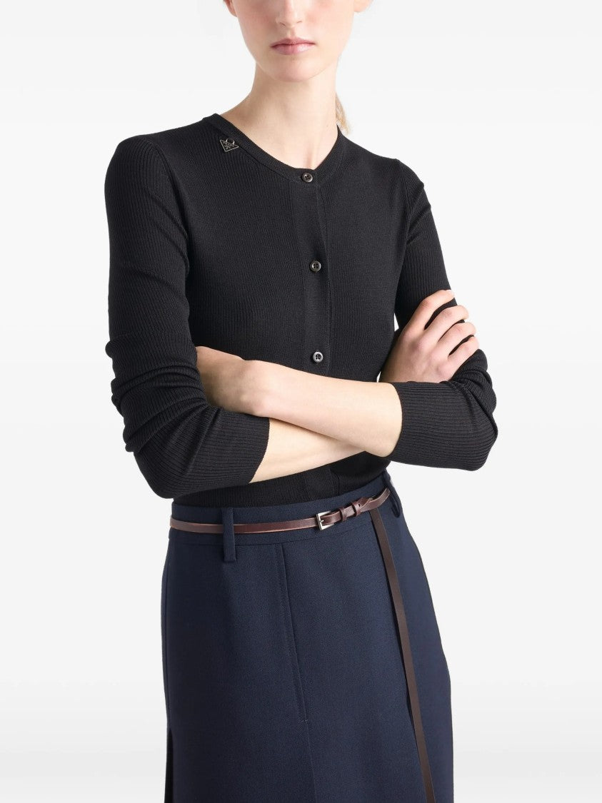 Prada Black Superfine Wool Ribbed Cardigan