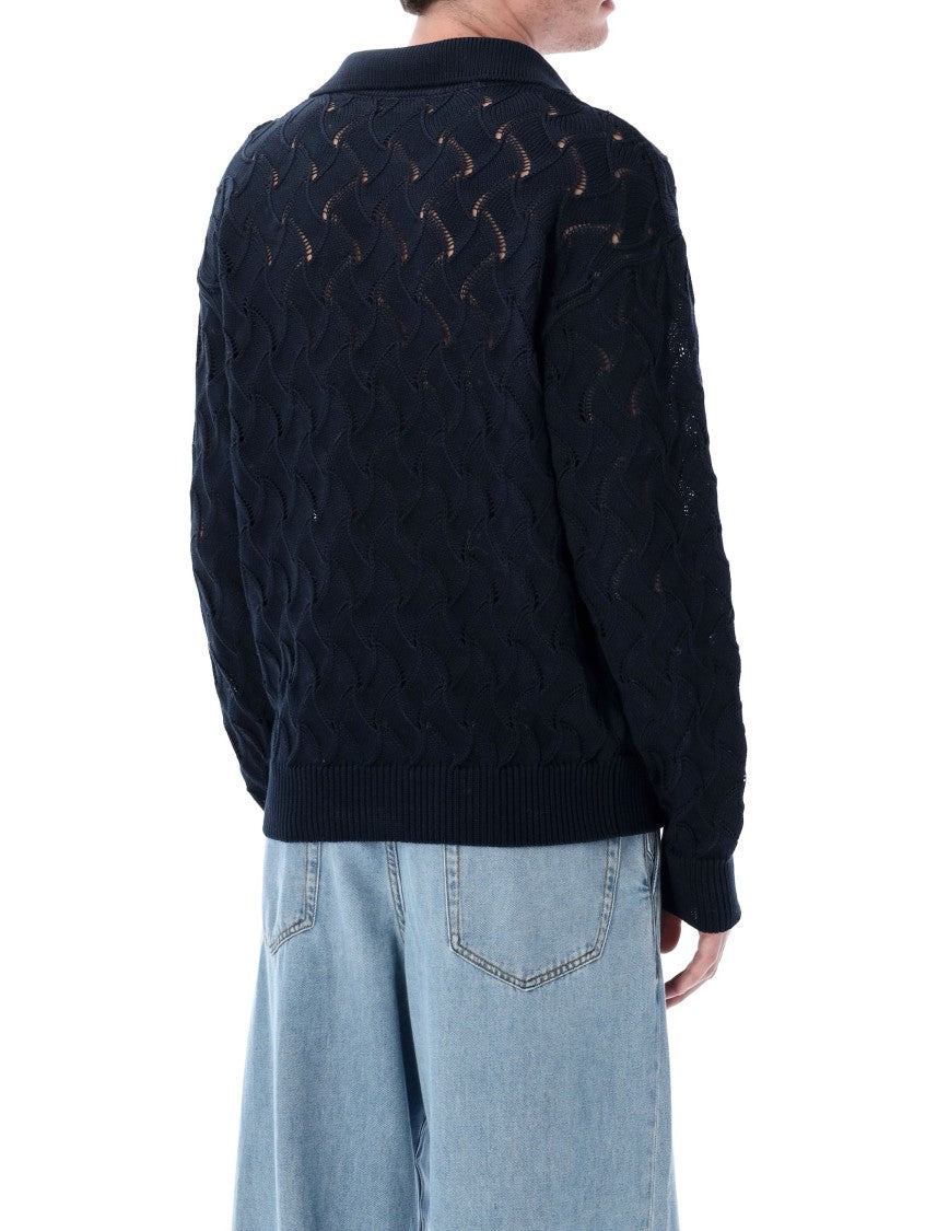 Dries Van Noten Lace Stitch Polo Sweater In Mercerized Cotton With Ribbed Trim