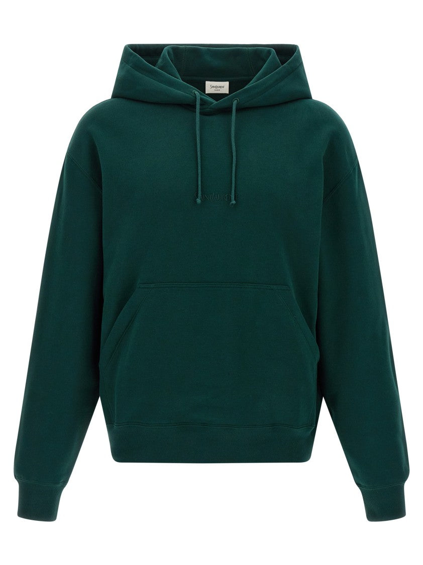 Saint Laurent Deep Green Fleece Cotton Hoodie With Tonal Embroidery