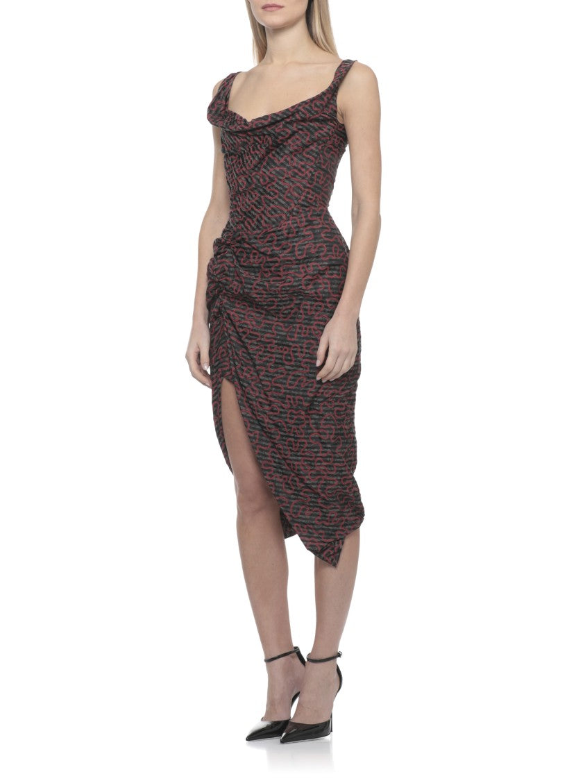 Vivienne Westwood Fitted Cotton Midi Dress With Contrasting Pattern And Ruched Detail