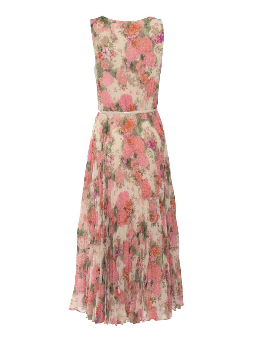 Max Mara Floral Midi Dress With V-Neckline And Pleated Skirt