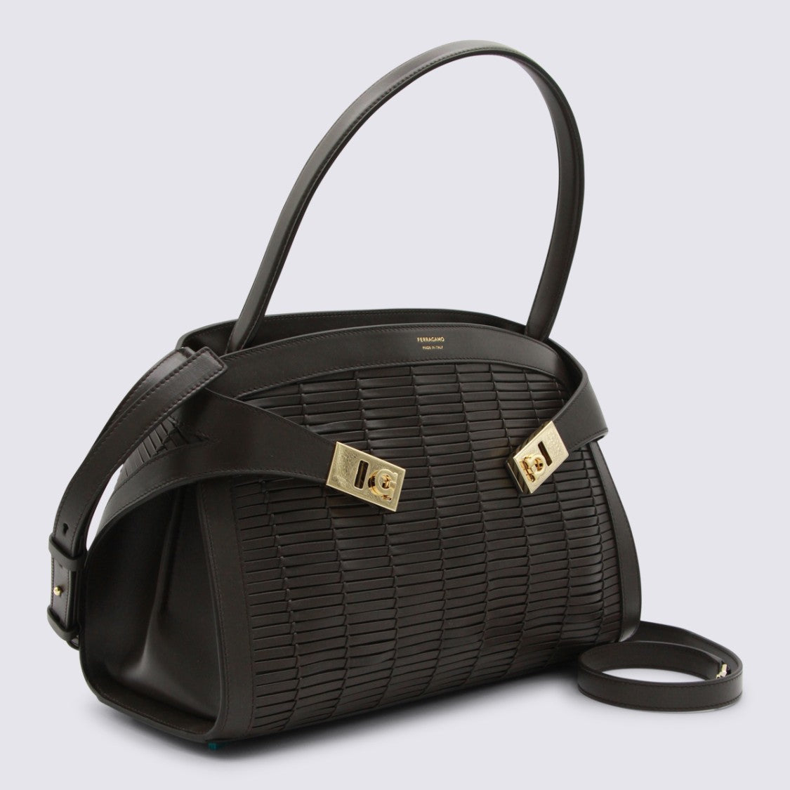 Ferragamo Structured Handbag With Woven Leather Design And Gold-Tone Accents