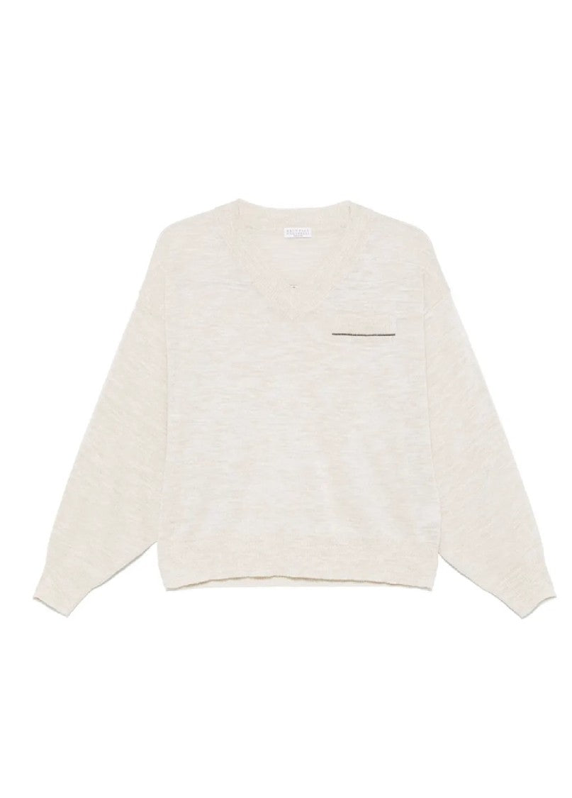 Brunello Cucinelli Soft Heathered V-Neck Sweater With Subtle Pocket Detail