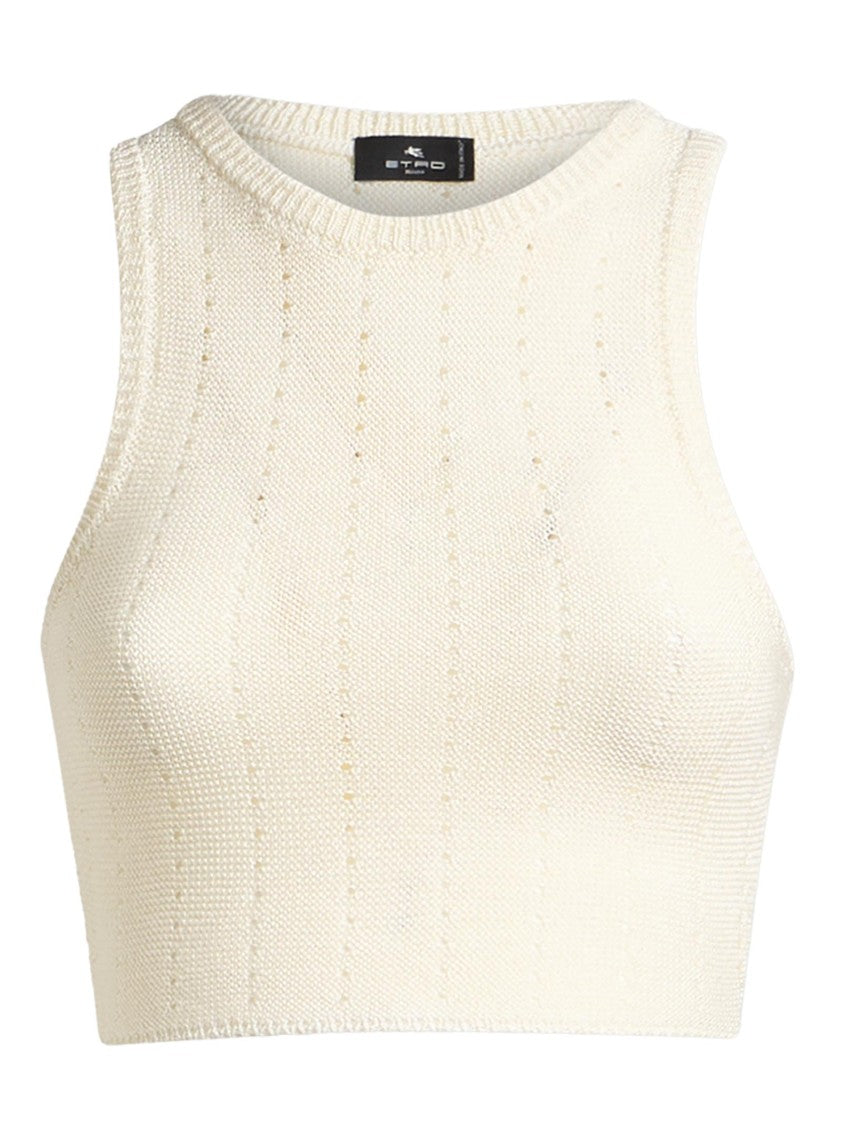 Etro Ivory Knitted Crop Top With Openwork Pattern
