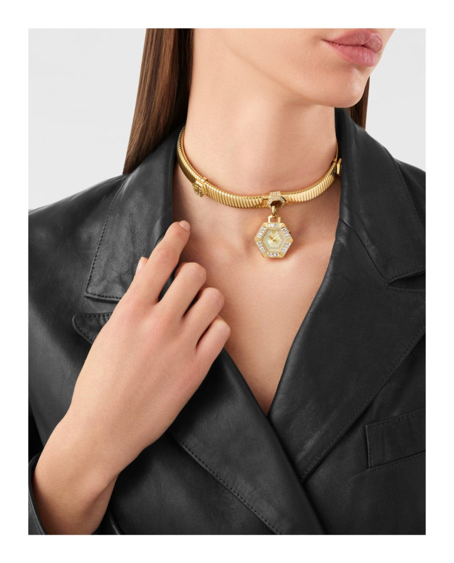 Philipp Plein Hexagon Crystal Necklace Watch With Gold Sunray Dial