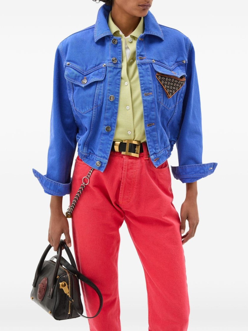 Versace Cropped Jacket In Vibrant Blue Hue With Classic Collar