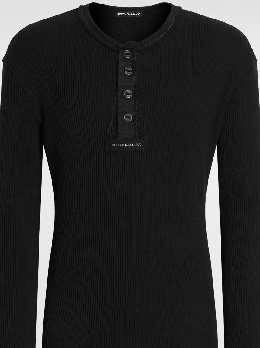 Dolce & Gabbana Black Serafino Ribbed Knit Cotton Top